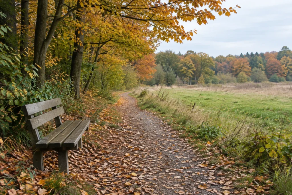 An autumn woodland path beside an open meadow, with fallen leaves and a wooden bench