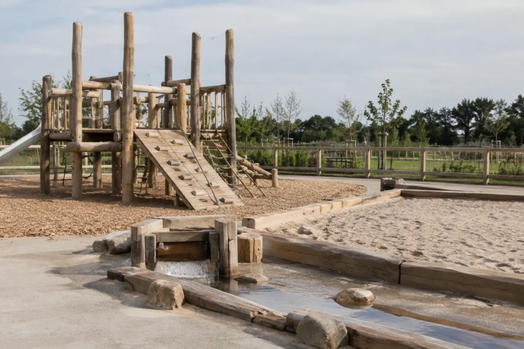 A timber climbing structure beside a sandpit and a shallow water-play channel in an empty outdoor play space