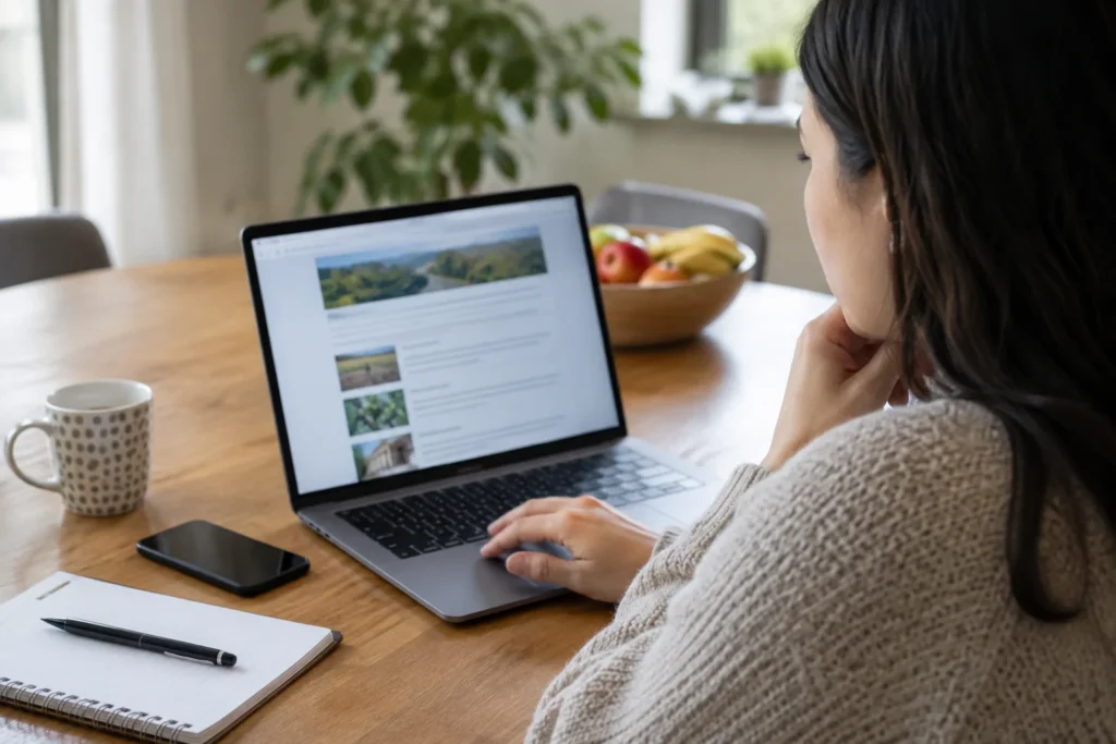 Person reading a website on a laptop at a kitchen table