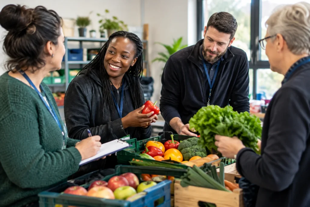 Four adults discussing fresh produce beside crates of vegetables