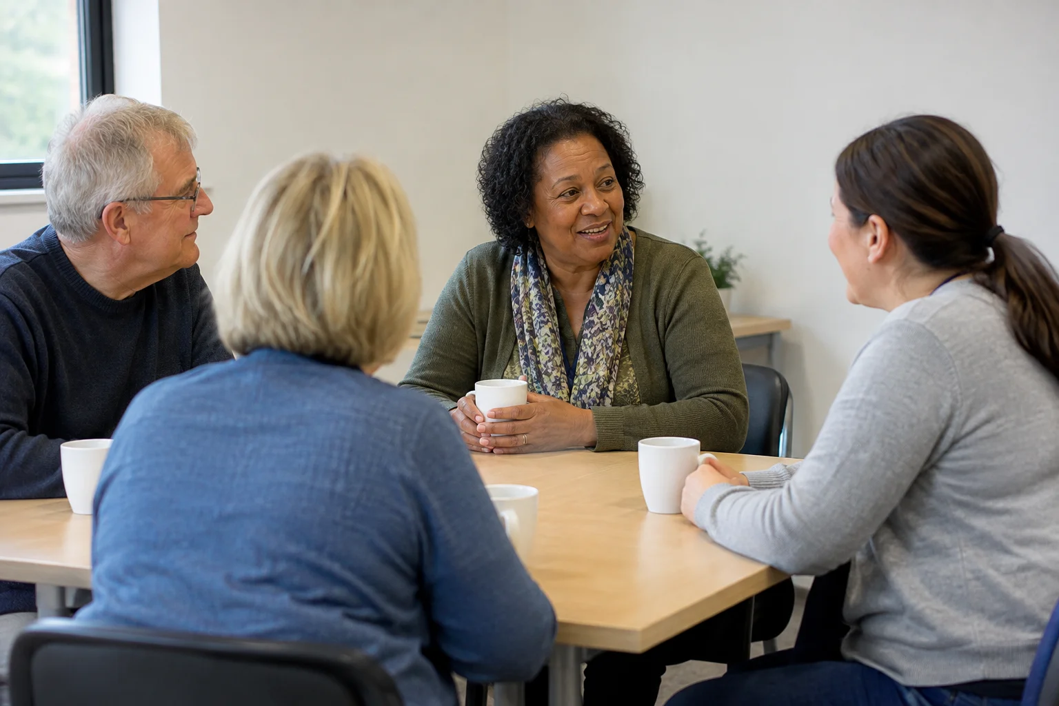 Anonymous adults chatting around a table in a community room with plain walls and mugs