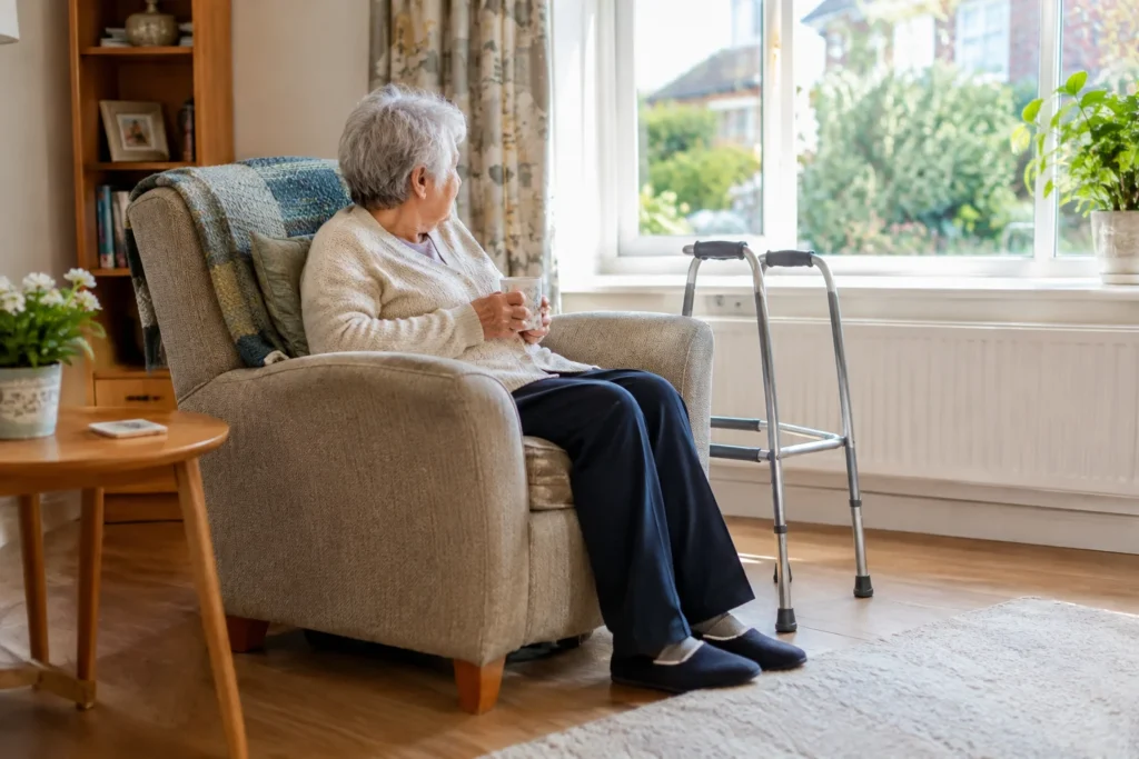 A bright domestic sitting room with an armchair, a walking aid and daylight through a window