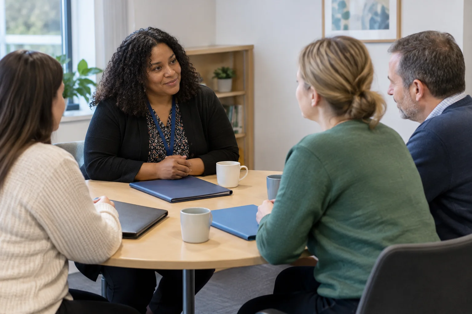 Anonymous adults seated around a small table in a quiet meeting room, with closed folders and cups.