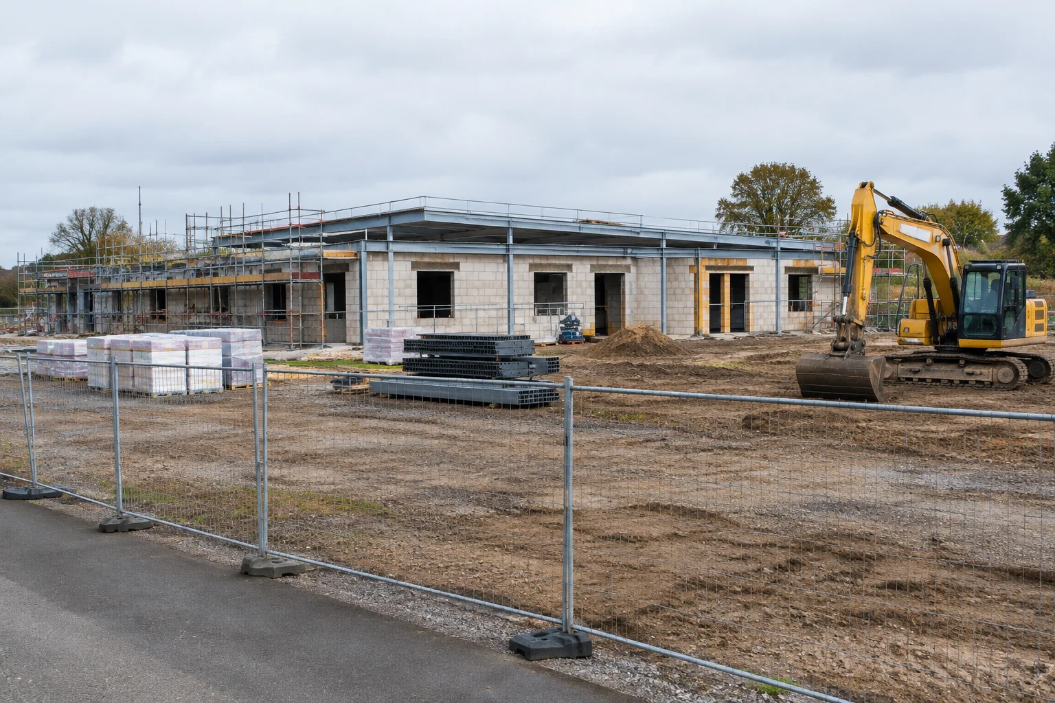 A partially built low-rise building behind plain temporary fencing, with stacked materials and an excavator on bare ground.