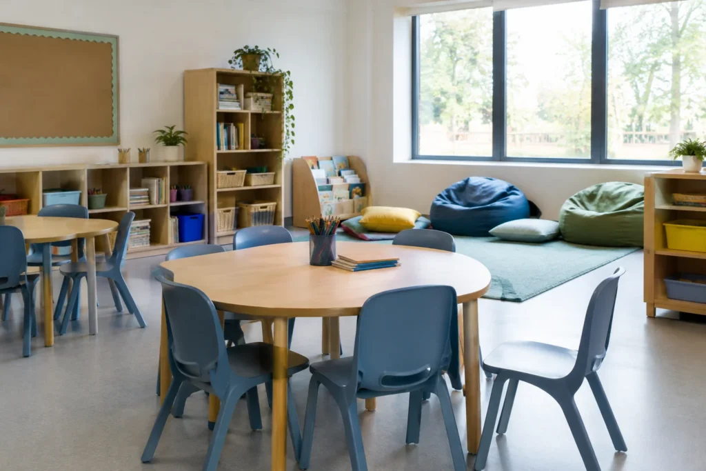An empty classroom with low tables, chairs, open shelving and soft furnishings in natural daylight.